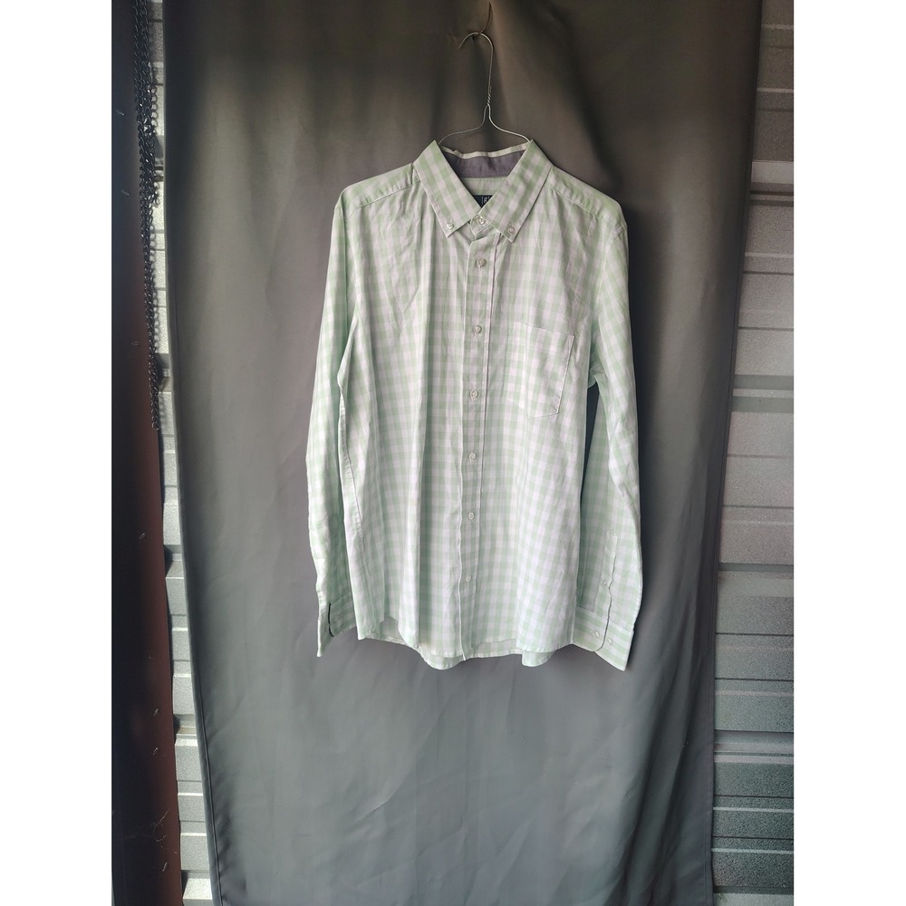 George Mens Long Sleeve Button Down Shirt Green White Gingham Check Medium 38-40